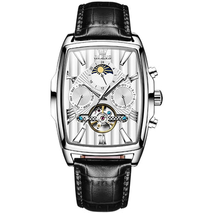 OLEVS 6675 Men Multifunctional Moon Phase Tourbillon Mechanical Watch(White + Silver) - Leather Strap Watches by OLEVS | Online Shopping South Africa | PMC Jewellery