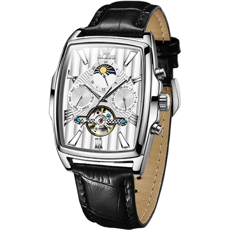 OLEVS 6675 Men Multifunctional Moon Phase Tourbillon Mechanical Watch(White + Silver) - Leather Strap Watches by OLEVS | Online Shopping South Africa | PMC Jewellery