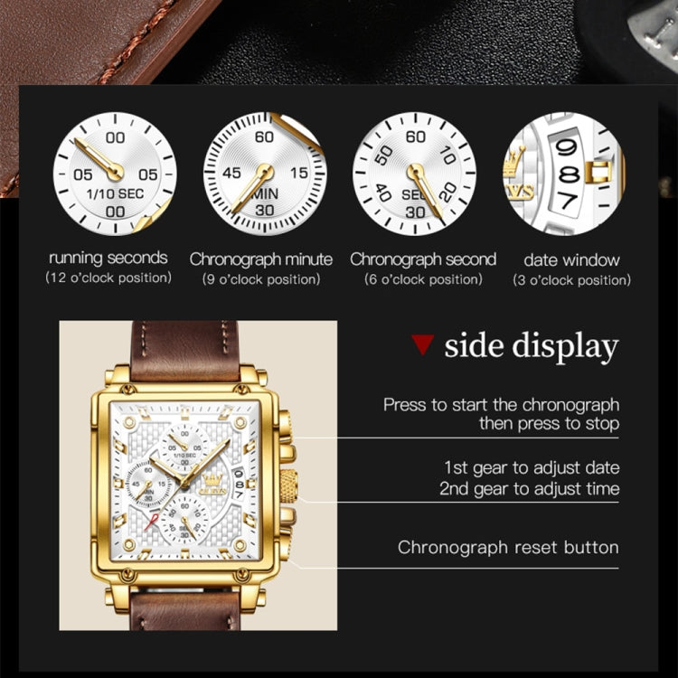 OLEVS 9925 Men Square Dial Multifunctional Waterproof Quartz Watch(White + Gold) - Leather Strap Watches by OLEVS | Online Shopping South Africa | PMC Jewellery