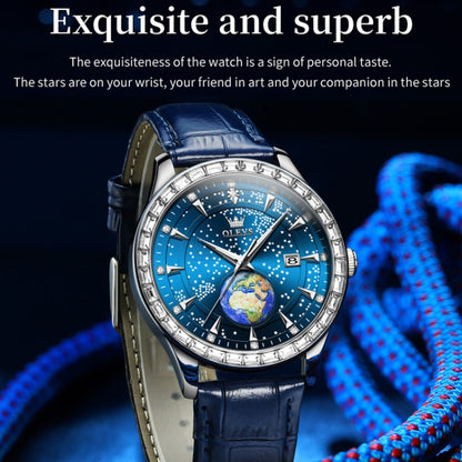 OLEVS 9967 Men Starry Sky Face Diamond Bezel Quartz Watch(Blue Leather Strap) - Leather Strap Watches by OLEVS | Online Shopping South Africa | PMC Jewellery