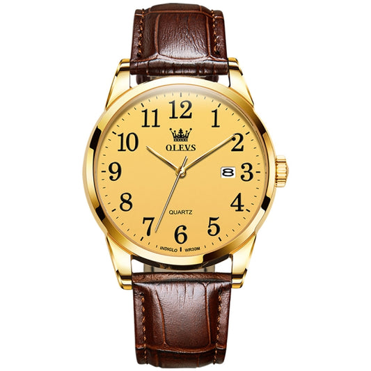 OLEVS 5566 Men Simple Single Calendar Waterproof Quartz Watch(Gold) - Leather Strap Watches by OLEVS | Online Shopping South Africa | PMC Jewellery