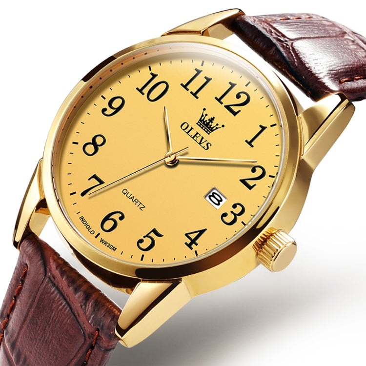 OLEVS 5566 Men Simple Single Calendar Waterproof Quartz Watch(Gold) - Leather Strap Watches by OLEVS | Online Shopping South Africa | PMC Jewellery