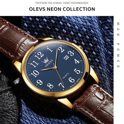 OLEVS 5566 Men Simple Single Calendar Waterproof Quartz Watch(Blue) - Leather Strap Watches by OLEVS | Online Shopping South Africa | PMC Jewellery