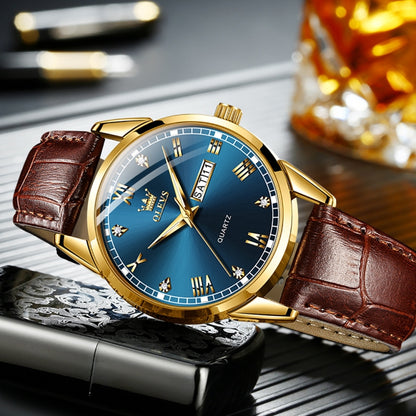 OLEVS 6896 Men Multifunctional Luminous Waterproof Quartz Watch(Blue) - Leather Strap Watches by OLEVS | Online Shopping South Africa | PMC Jewellery