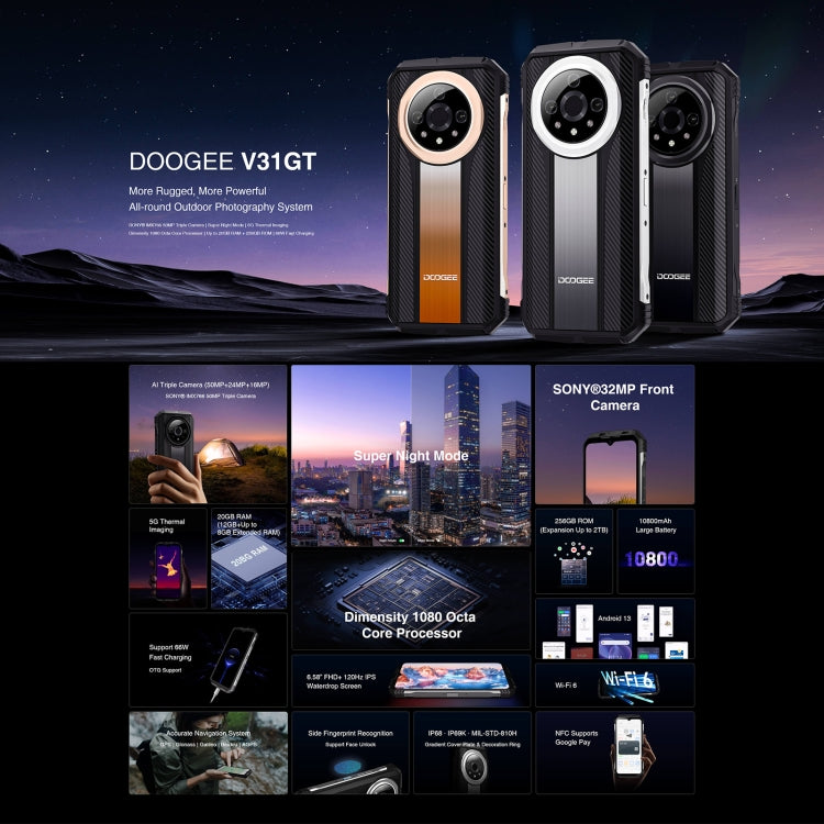 [HK Warehouse] DOOGEE V31GT, 12GB+256GB,  Thermal Imaging Camera, Side Fingerprint, 10800mAh Battery, 6.58 inch Android 13 Dimensity 1080 Octa Core, Network: 5G, OTG, NFC, Support Google Pay(Gold) - DOOGEE by DOOGEE | Online Shopping South Africa | PMC Jewellery