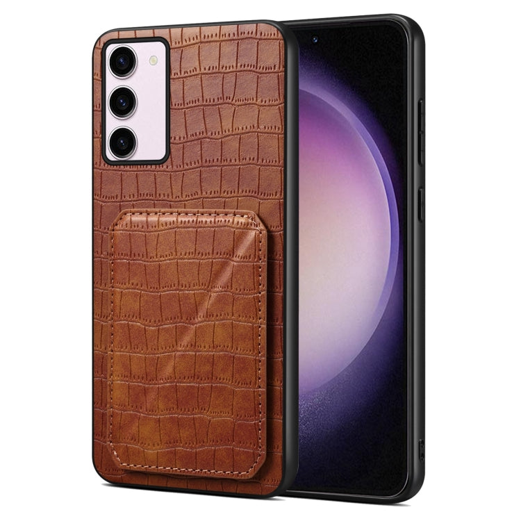 For Samsung Galaxy S23 5G Denior Imitation Crocodile Leather Back Phone Case with Holder(Brown) - Galaxy S23 5G Cases by Denior | Online Shopping South Africa | PMC Jewellery