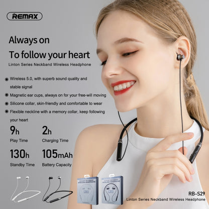 REMAX RB-S29 Linton Series Memory Neckband V5.0 Bluetooth Wireless Earphone (Black) - Neck-mounted Earphone by REMAX | Online Shopping South Africa | PMC Jewellery