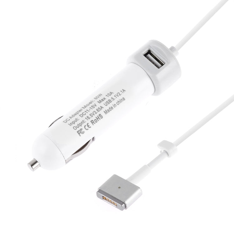60W 5.1V 2.1A USB Interface Car Charger with 16.5V 3.65A T MagSafe 2 Interface Data Cable(White) - Car Charger by PMC Jewellery | Online Shopping South Africa | PMC Jewellery