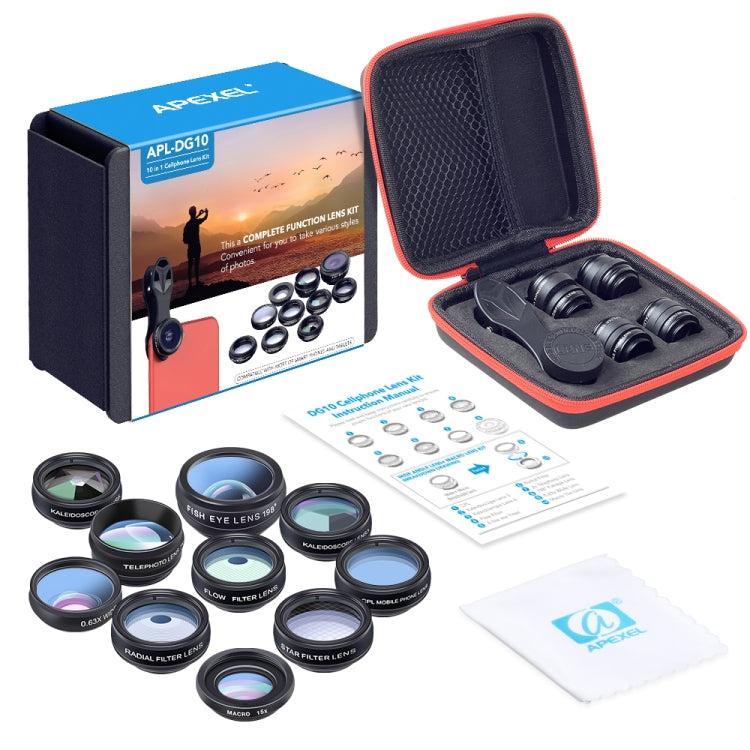 APEXEL APL-DG10 Macro Wide-angle Fisheye Telephoto CPL Flow Filter Radial Filter Star Filter Kaleidoscope 3 & 6 Lens Kit, For iPhone, Samsung, Huawei, Xiaomi, HTC and Other Smartphones, Ultra-thin Digital Camera - Combination Lens by APEXEL | Online Shopping South Africa | PMC Jewellery