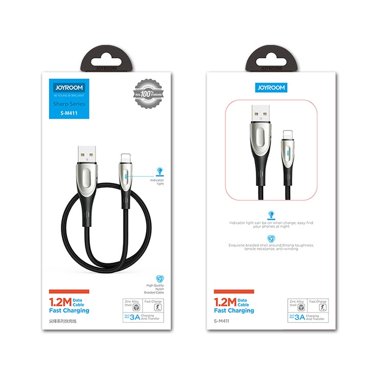 JOYROOM S-M411 Sharp Series 3A 8 Pin Interface Charging + Transmission Nylon Braided Data Cable with Drop-shaped Indicator Light, Cable Length: 1.2m(Black) - Normal Style Cable by JOYROOM | Online Shopping South Africa | PMC Jewellery