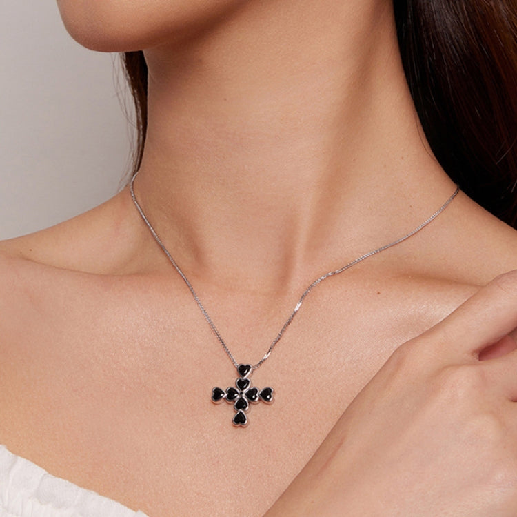 BSN335 Sterling Silver S925 White Gold Plated Zircon Black Heart Cross - Necklaces & Pendants by PMC Jewellery | Online Shopping South Africa | PMC Jewellery