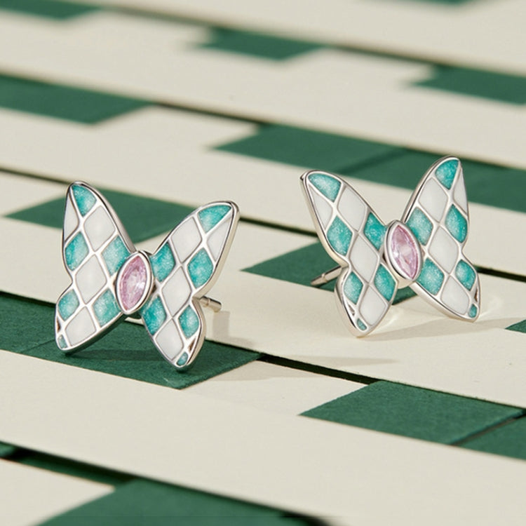 SCE1610 Sterling Silver S925 White Gold Plated Zircon Rhombus Spot Butterfly Stud Earrings - Stud Earrings & Earrings by PMC Jewellery | Online Shopping South Africa | PMC Jewellery