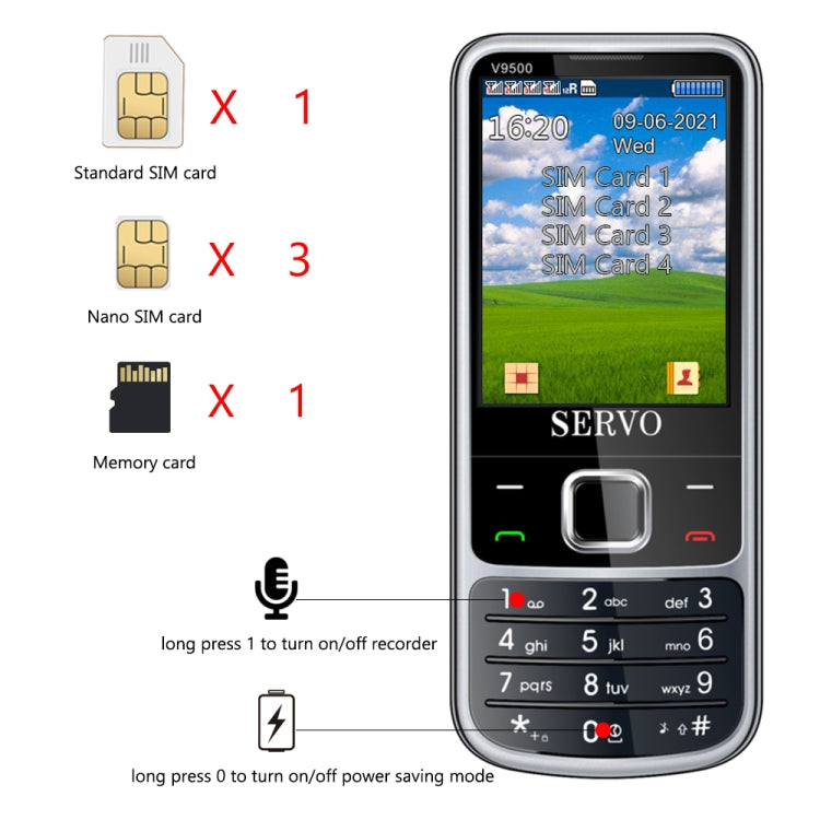 SERVO V9500 Mobile Phone, English Key, 2.4 inch, Spredtrum SC6531CA, 21 Keys, Support Bluetooth, FM, Magic Sound, Flashlight, GSM, Quad SIM(Silver) - SERVO by SERVO | Online Shopping South Africa | PMC Jewellery