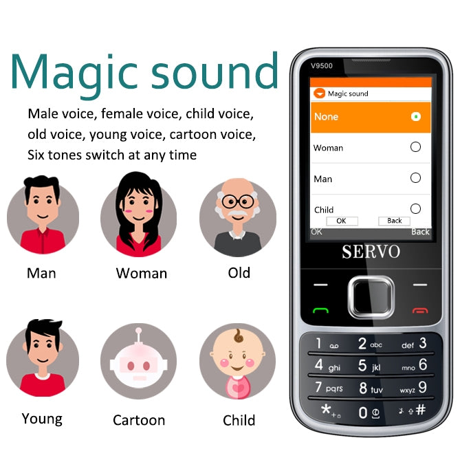 SERVO V9500 Mobile Phone, English Key, 2.4 inch, Spredtrum SC6531CA, 21 Keys, Support Bluetooth, FM, Magic Sound, Flashlight, GSM, Quad SIM(Silver) - SERVO by SERVO | Online Shopping South Africa | PMC Jewellery
