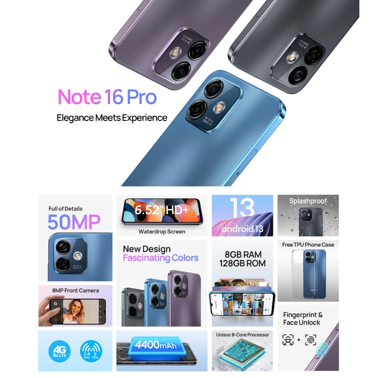 [HK Warehouse] Ulefone Note 16 Pro, 8GB+128GB, Dual Back Cameras, Face ID & Side Fingerprint Identification, 4400mAh Battery, 6.52 inch Android 13 Unisoc T606 OctaCore up to 1.6GHz, Network: 4G, Dual SIM, OTG(Purple) - Ulefone by Ulefone | Online Shopping South Africa | PMC Jewellery