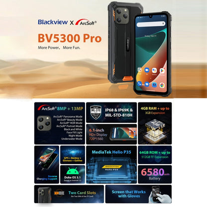 [HK Warehouse] Blackview BV5300 Pro Rugged Phone, 4GB+64GB, IP68/IP69K/MIL-STD-810H, Face Unlock, 6580mAh Battery, 6.1 inch Android 12 MTK6765 Helio P35 Octa Core up to 2.3GHz, Network: 4G, OTG, NFC, Dual SIM(Orange) - Blackview by Blackview | Online Shopping South Africa | PMC Jewellery