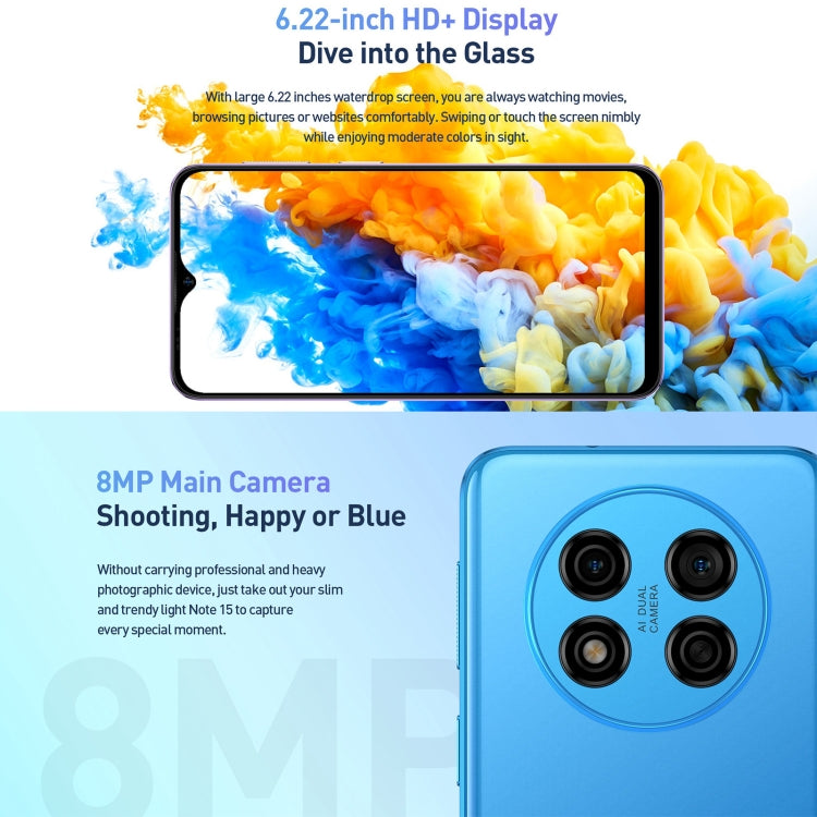 [HK Warehouse] Ulefone Note 15, 2GB+32GB, Face ID Identification, 6.22 inch Android 12 GO MediaTek MT6580 Quad-core up to 1.3GHz, Network: 3G, Dual SIM(Blue) - Ulefone by Ulefone | Online Shopping South Africa | PMC Jewellery