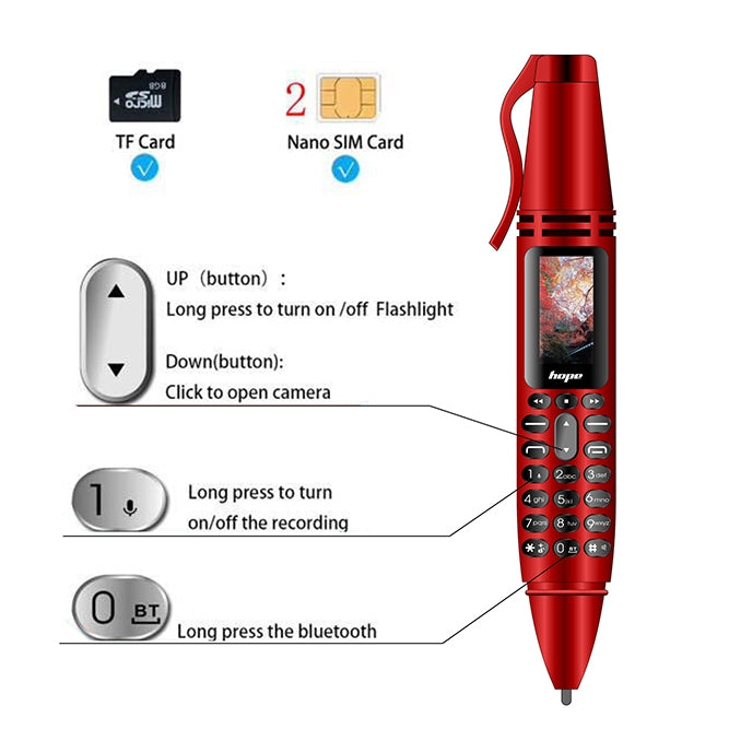 AK007 Mobile Phone, Multifunctional Remote Noise Reduction Back-clip Recording Pen with 0.96 inch Color Screen, Dual SIM Dual Standby, Support Bluetooth, GSM, LED Light, Handwriting (Silver) - Others by PMC Jewellery | Online Shopping South Africa | PMC Jewellery