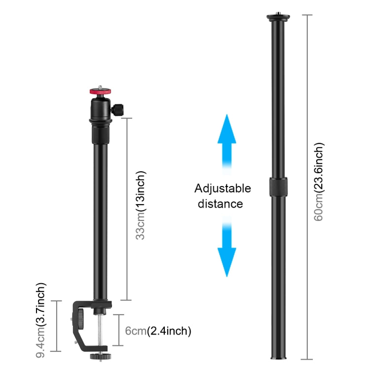 PULUZ C Clamp Mount Light Stand Extension Central Shaft Rod Monopod Holder Kits with Ball-Head, Rod Length: 33-60cm(Black) - Monopods by PULUZ | Online Shopping South Africa | PMC Jewellery