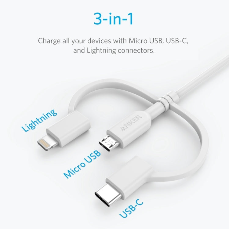 ANKER 3 in 1 8 Pin + Micro USB + USB-C / Type-C Interface MFI Certificated Data Cable(White) - MFI Cable by ANKER | Online Shopping South Africa | PMC Jewellery