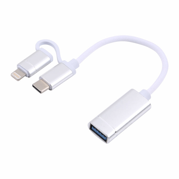 USB 3.0 Female to 8 Pin + USB-C / Type-C Male Charging + Transmission OTG Nylon Braided Adapter Cable, Cable Length: 11cm(Silver + White) - Converter & Adapter by PMC Jewellery | Online Shopping South Africa | PMC Jewellery