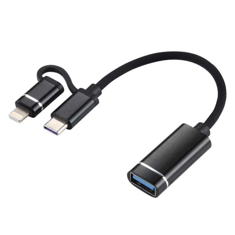 USB 3.0 Female to 8 Pin + USB-C / Type-C Male Charging + Transmission OTG Nylon Braided Adapter Cable, Cable Length: 11cm(Black) - Converter & Adapter by PMC Jewellery | Online Shopping South Africa | PMC Jewellery