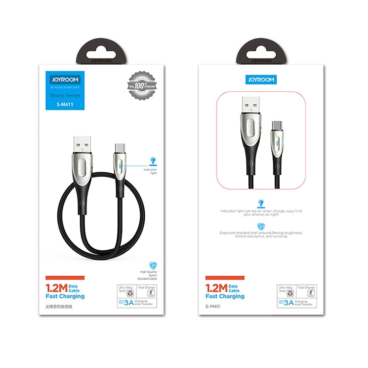 JOYROOM S-M411 Sharp Series 3A USB-C / Type-C Interface Charging + Transmission Nylon Braided Data Cable with Drop-shaped Indicator Light, Cable Length: 1.2m (Black) - USB-C & Type-C Cable by JOYROOM | Online Shopping South Africa | PMC Jewellery