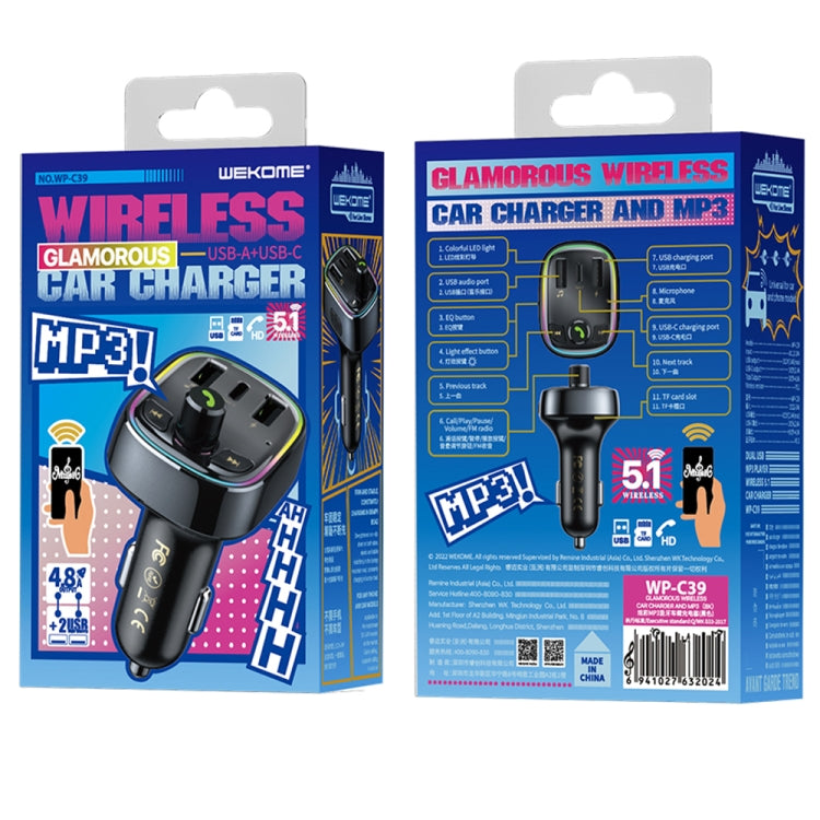 WK WP-C39 USB+USB-C/Type-C MP3 Bluetooth Car Fast Charger(Black) - Bluetooth Car Kits by WK | Online Shopping South Africa | PMC Jewellery