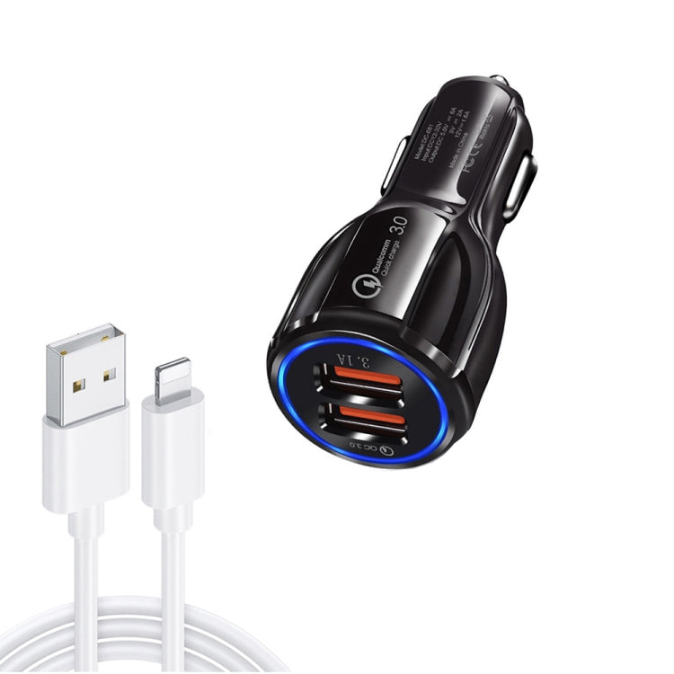 Qc3.0 Dual USB Car Charger + 8 Pin Fast Charging Line Car Charging Kit(Black) - Car Charger by PMC Jewellery | Online Shopping South Africa | PMC Jewellery