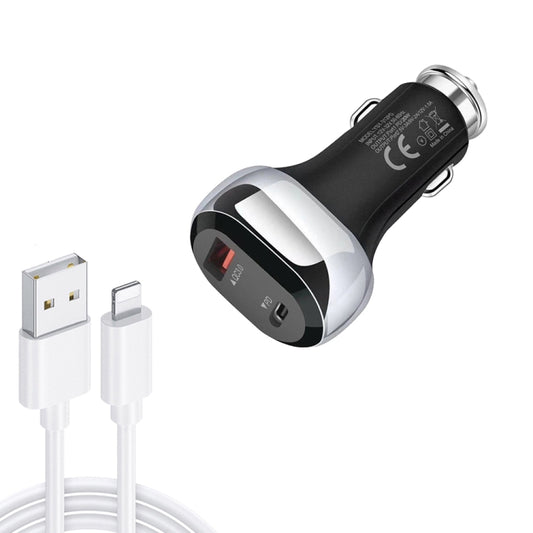 YSY-312PD QC3.0 18W USB + PD 20W USB-C / Type-C Car Charger with USB to 8 Pin Data Cable(Black) - Car Charger by PMC Jewellery | Online Shopping South Africa | PMC Jewellery