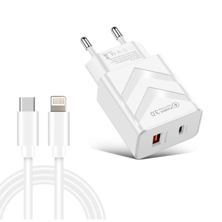 LZ-715 20W PD + QC 3.0 Dual Ports Fast Charging Travel Charger with USB-C / Type-C to 8 Pin Data Cable, EU Plug(White) - USB Charger by PMC Jewellery | Online Shopping South Africa | PMC Jewellery