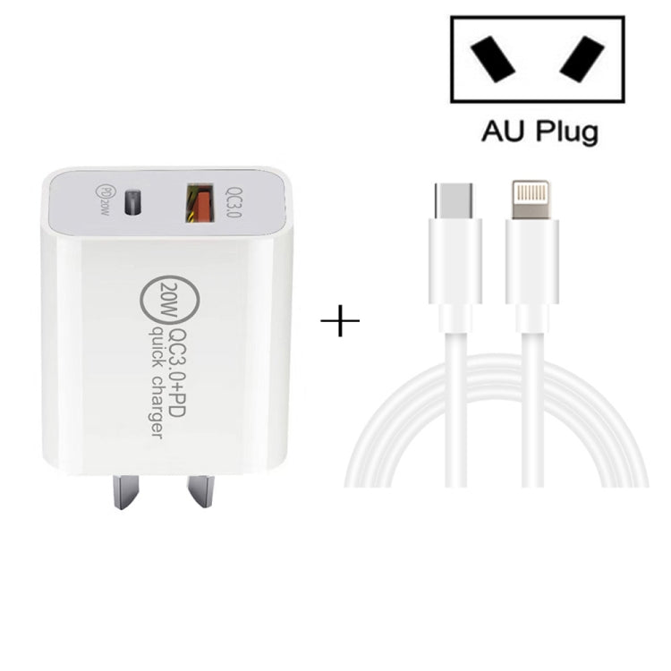 TCS-20WACA 20W PD Type-C + QC 3.0 USB Interface Fast Charging Travel Charger with USB-C / Type-C to 8 Pin Fast Charge Data Cable AU Plug - USB Charger by PMC Jewellery | Online Shopping South Africa | PMC Jewellery