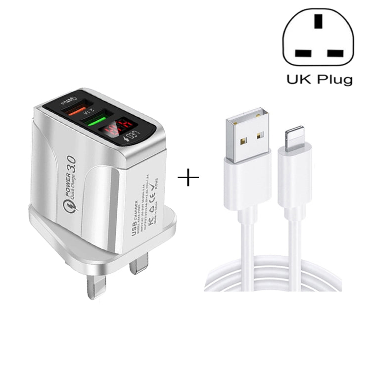 F002C QC3.0 USB + USB 2.0 LED Digital Display Fast Charger with USB to 8 Pin Data Cable, UK Plug(White) - USB Charger by PMC Jewellery | Online Shopping South Africa | PMC Jewellery