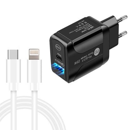 PD25W USB-C / Type-C + QC3.0 USB Dual Ports Fast Charger with USB-C to 8 Pin Data Cable, EU Plug(Black) - USB Charger by PMC Jewellery | Online Shopping South Africa | PMC Jewellery