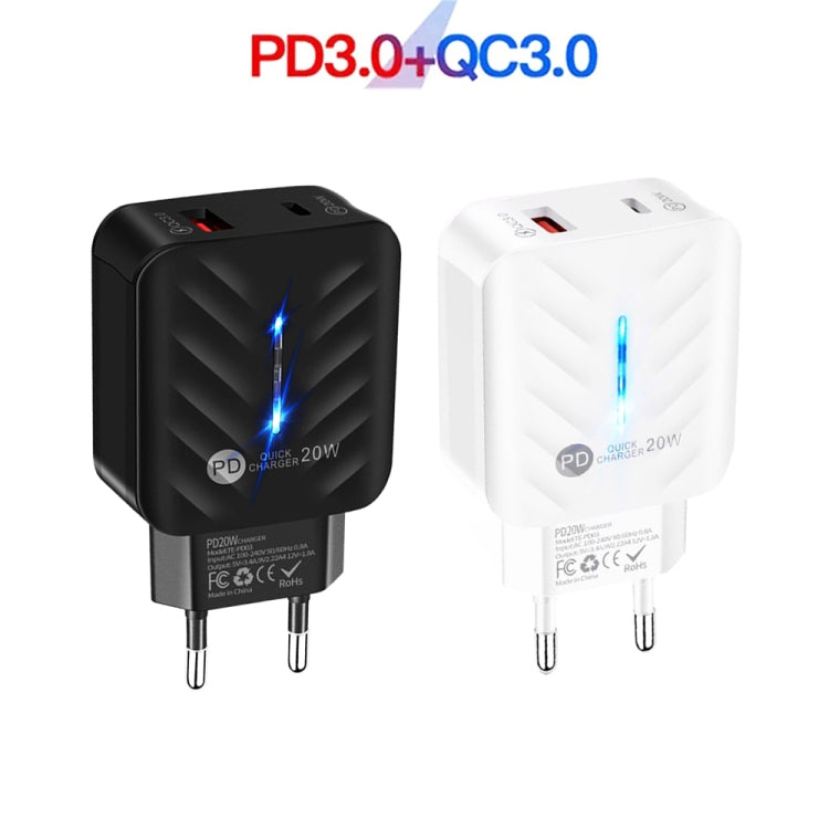 PD03 20W PD3.0 + QC3.0 USB Charger with USB to 8 Pin Data Cable, EU Plug(Black) - USB Charger by PMC Jewellery | Online Shopping South Africa | PMC Jewellery