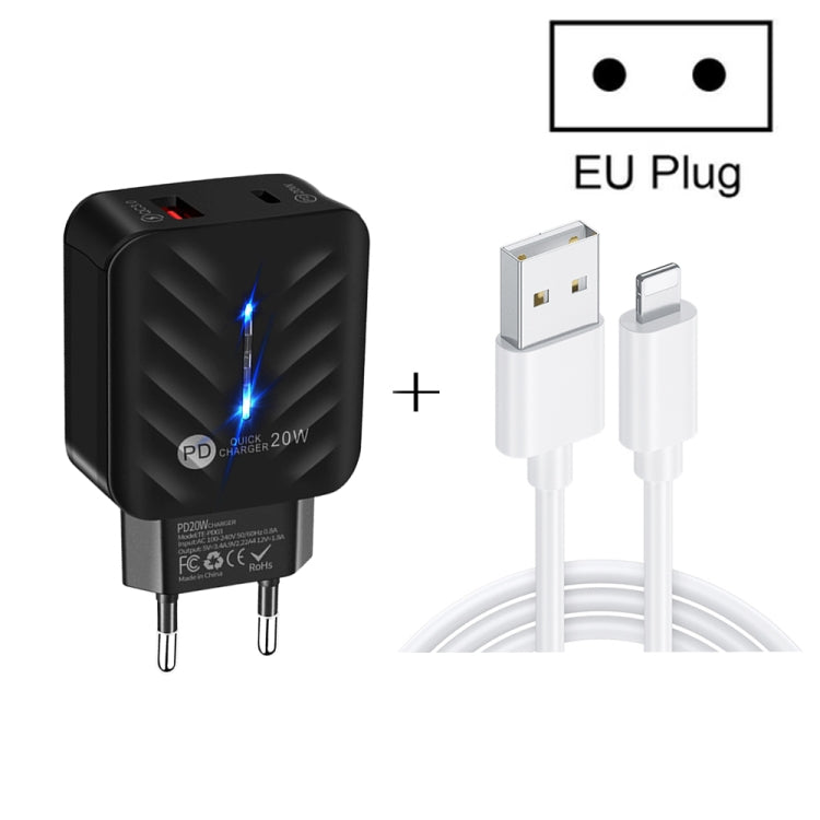 PD03 20W PD3.0 + QC3.0 USB Charger with USB to 8 Pin Data Cable, EU Plug(White) - USB Charger by PMC Jewellery | Online Shopping South Africa | PMC Jewellery | Buy Now Pay Later Mobicred