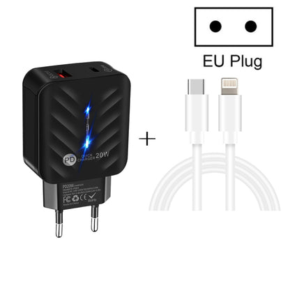 PD03 20W PD3.0 + QC3.0 USB Charger with Type-C to 8 Pin Data Cable, EU Plug(Black) - USB Charger by PMC Jewellery | Online Shopping South Africa | PMC Jewellery