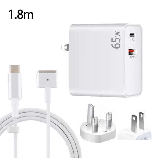 PD-65W USB-C / Type-C + QC3. 0 USB Laptop Charging Adapter + 1.8m USB-C / Type-C to MagSafe 2 / T Head Data Cable, UK Plug / US Plug(White) - Cable & Adapter by PMC Jewellery | Online Shopping South Africa | PMC Jewellery