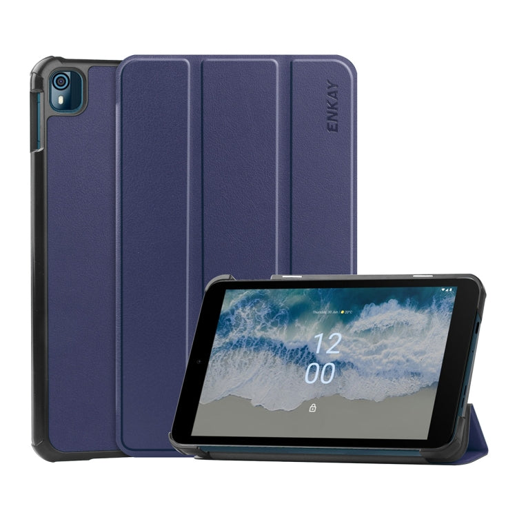 For Nokia T10 ENKAY Tri-fold Custer Texture Leather Smart Tablet Case(Dark Blue) - Others by ENKAY | Online Shopping South Africa | PMC Jewellery