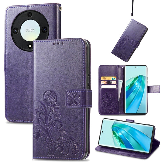 For Honor Magic5 Lite Four-leaf Clasp Embossed Buckle Leather Phone Case(Purple) - Honor Cases by PMC Jewellery | Online Shopping South Africa | PMC Jewellery