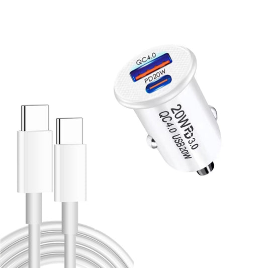 P10 Mini QC4.0 USB / PD20W Car Charger with Type-C to Type-C Fast Charging Data Cable(White) - Car Charger by PMC Jewellery | Online Shopping South Africa | PMC Jewellery