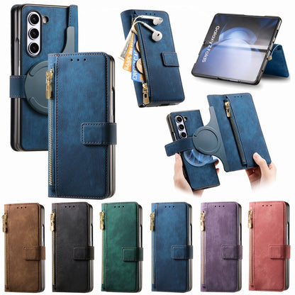 For Samsung Galaxy Z Fold5 5G Retro MagSafe Magnetic Zipper Wallet Leather Phone Case(Blue) - Galaxy Z Fold5 Cases by PMC Jewellery | Online Shopping South Africa | PMC Jewellery