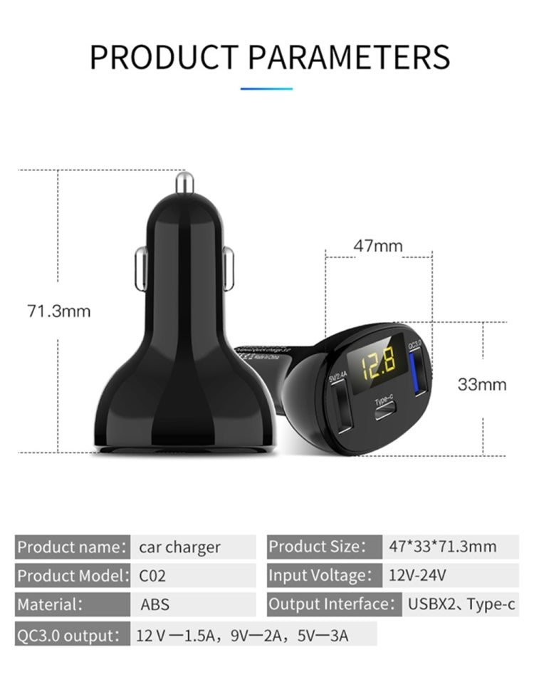 C02 Car Power Adapter in-car Phone Charger Type-C Fast Charger QC3.0 Dual USB Ports DC5V 2.4A 12V 24V Cigarette Lighter Power Supply - Car Charger by PMC Jewellery | Online Shopping South Africa | PMC Jewellery