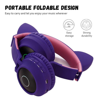 BT028C Cute Cat Ear Bluetooth 5.0 Headphones Foldable On-Ear Stereo Wireless Headset Headphone with Mic / LED Light / FM Radio / TF Card(Purple) - Headset & Headphone by PMC Jewellery | Online Shopping South Africa | PMC Jewellery