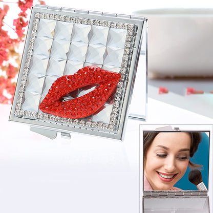 Handmade Diamond Mini Makeup Mirror Portable Double-sided Small Mirror Ruby Red Lips(Clear Crysatl) - Mirror by PMC Jewellery | Online Shopping South Africa | PMC Jewellery