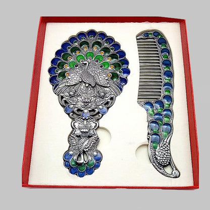 Vintage Handle Peacock Mirror Gift Box Comb Two-piece Portable Makeup Mirror(Bronze Peacock) - Mirror by PMC Jewellery | Online Shopping South Africa | PMC Jewellery