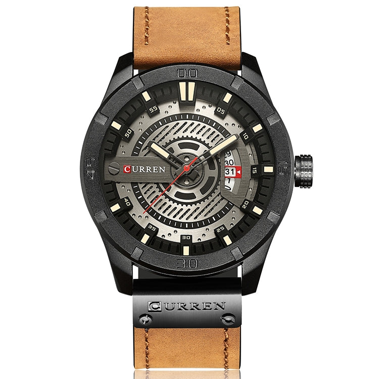 CURREN M8301 Men Military Sports Watch Quartz Date Clock Leather Wristwatch(black case grey face light brown band) - Leather Strap Watches by CURREN | Online Shopping South Africa | PMC Jewellery | Buy Now Pay Later Mobicred