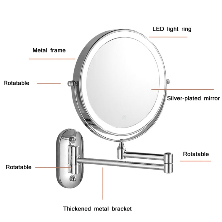 8 Inch Wall-Mounted Double-Sided Makeup Mirror LED Three-Tone Light Bathroom Mirror, Colour:USB Charging Silver(Five Times Magnification) - Mirror by PMC Jewellery | Online Shopping South Africa | PMC Jewellery