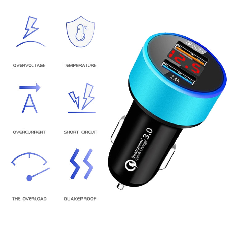 2 PCS Aluminum Ring Display Car Charger  QC3.0+2.4A Aluminum Alloy Multi-function Halo Digital Display Car Charger(Sapphire Blue) - Car Charger by PMC Jewellery | Online Shopping South Africa | PMC Jewellery