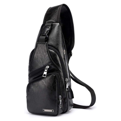 Waterproof Leisure PU Leather Single Shoulder Bag Men Chest Bag with USB Charging Port and Headphone Hole(Black) - Crossbody Bags by PMC Jewellery | Online Shopping South Africa | PMC Jewellery